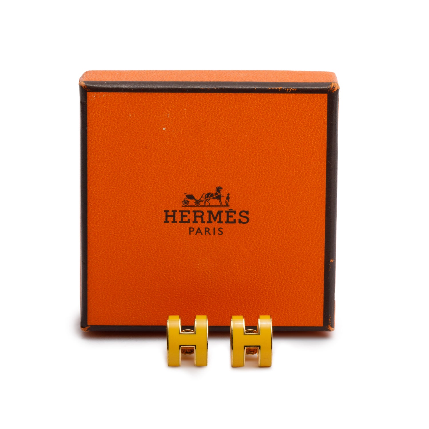Hermes Gold Plated Yellow Lacquered Pop H Earrings w/ Box