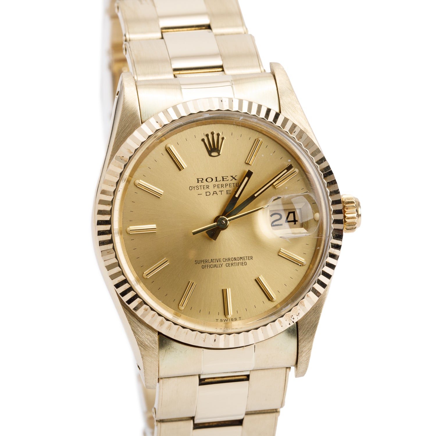 Rolex 14k Yellow Gold Oyster Perpetual Date 34 MM Watch Champagne Dial 15037