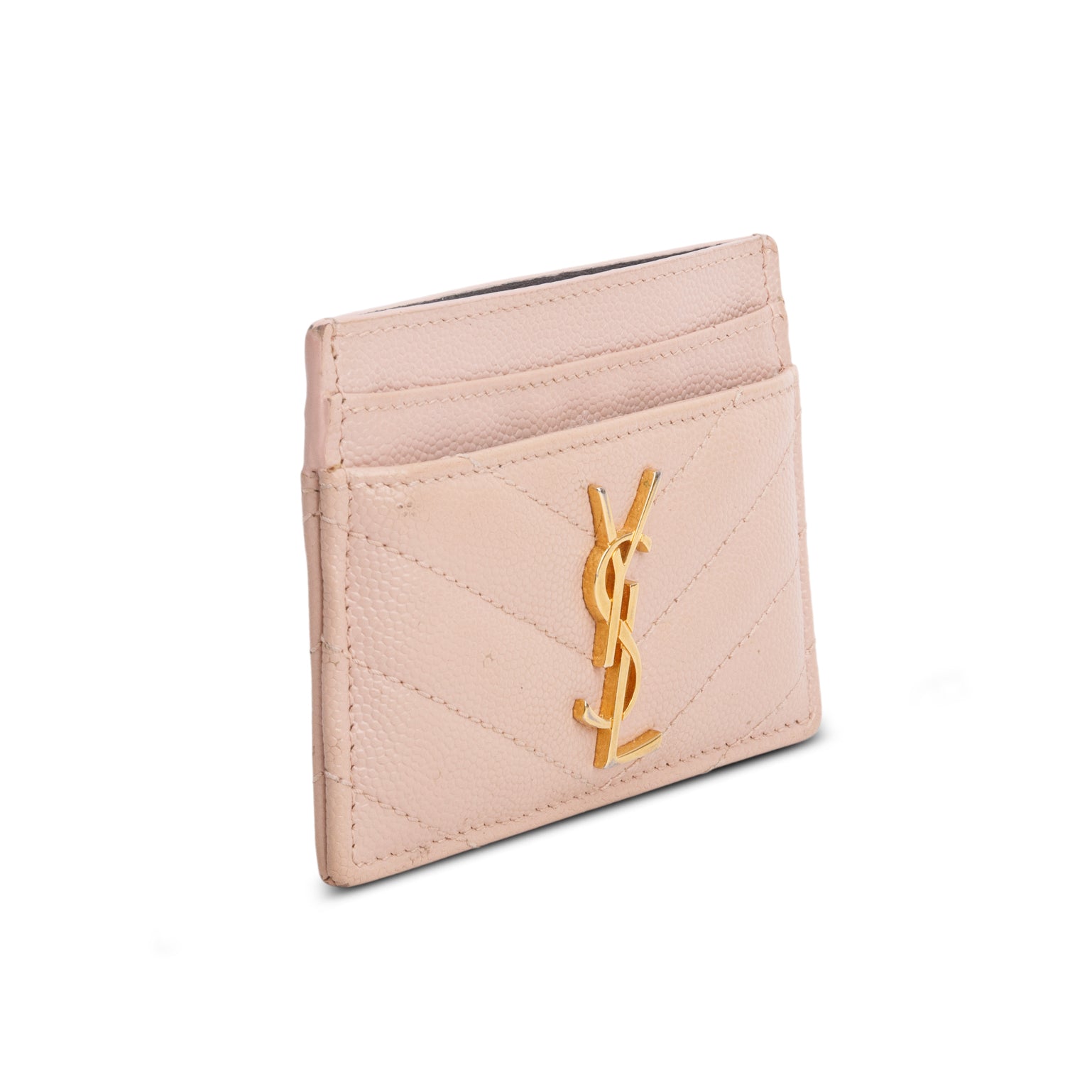 Saint Laurent Pink Grain de Poudre Chevron Cassandre Card Holder