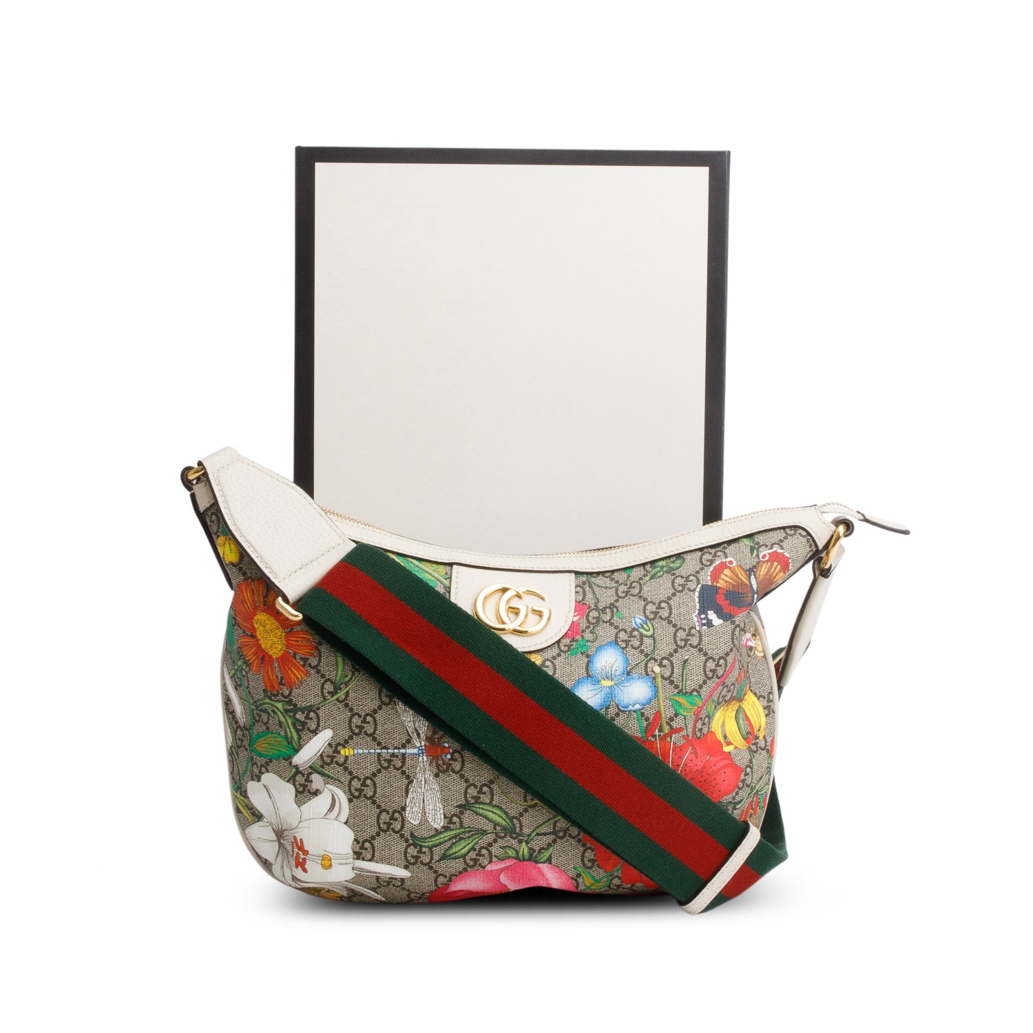 Gucci GG Supreme Monogram Flora Web Small Ophidia Half Moon Hobo w/ Box