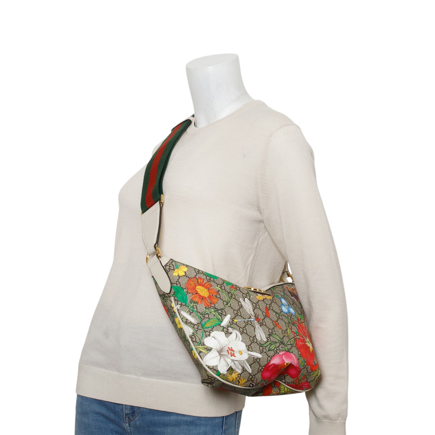 Gucci GG Supreme Monogram Flora Web Small Ophidia Half Moon Hobo w/ Box