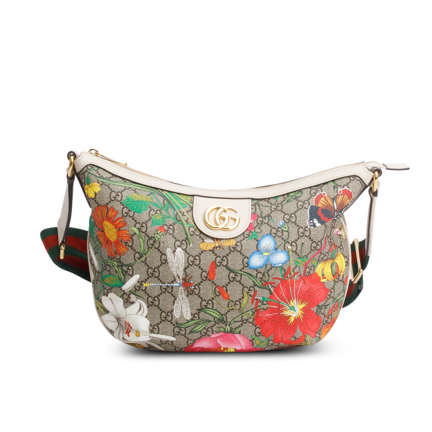 Gucci GG Supreme Monogram Flora Web Small Ophidia Half Moon Hobo w/ Box