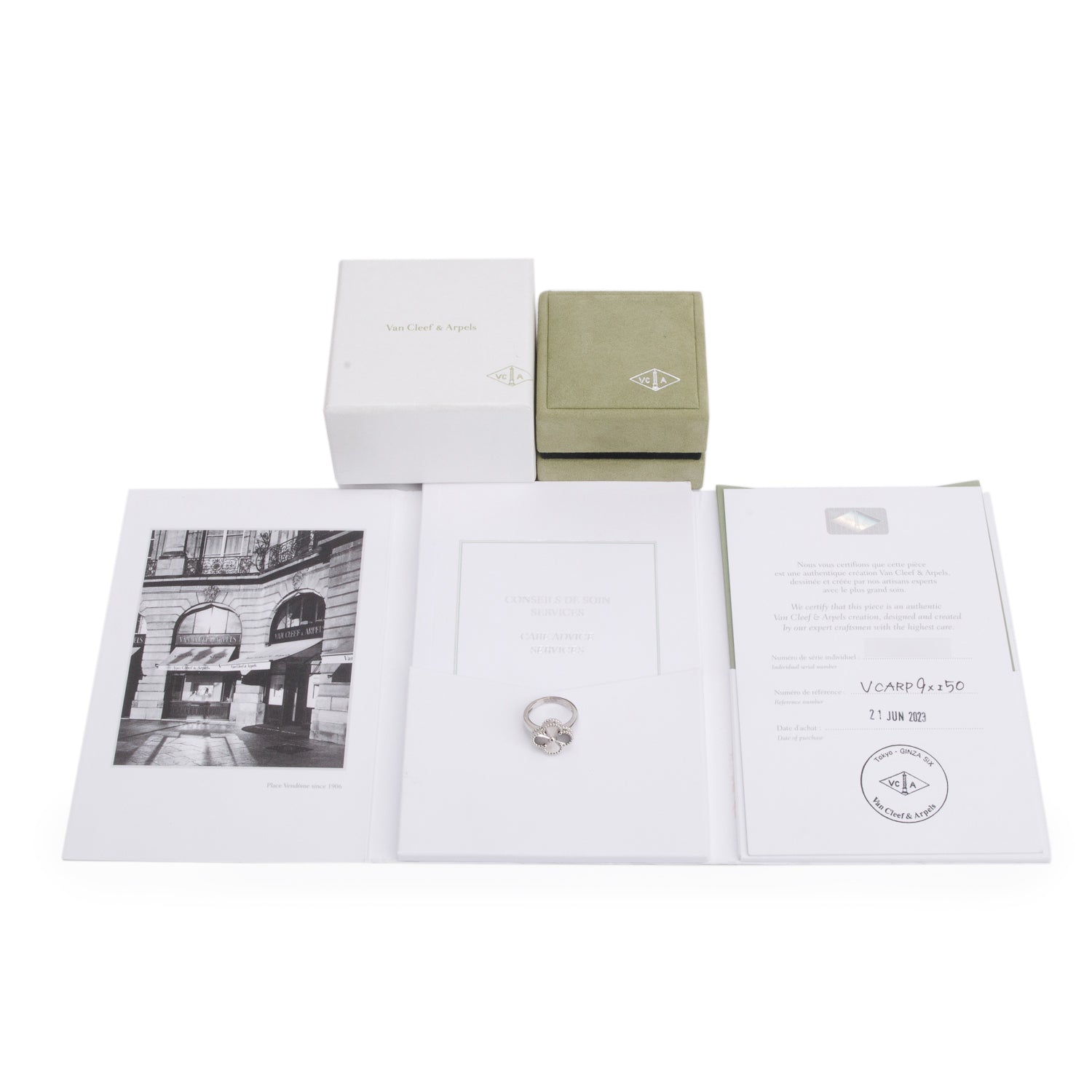 Van Cleef & Arpels 2023 18k White Gold Vintage Alhambra Ring, Size 50 5.25 w/ Box, Receipt & Certificate