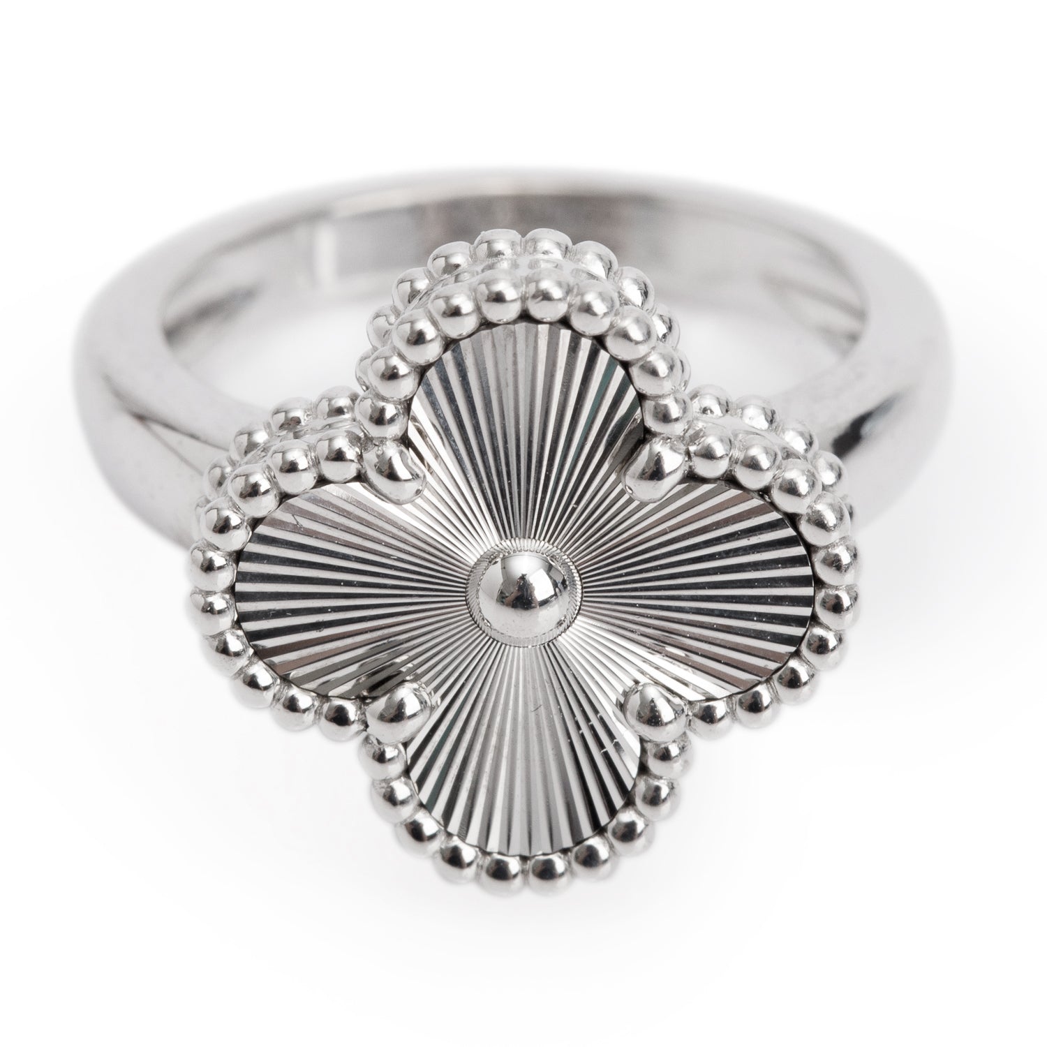 Van Cleef & Arpels 2023 18k White Gold Vintage Alhambra Ring, Size 50 5.25 w/ Box, Receipt & Certificate