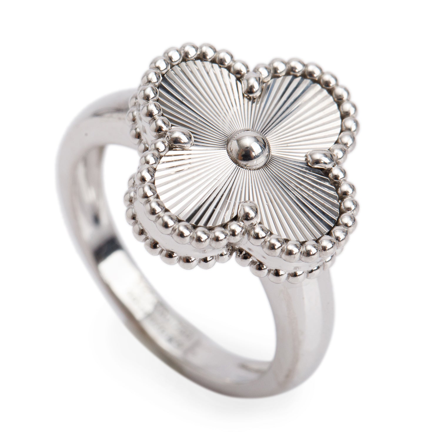 Van Cleef & Arpels 2023 18k White Gold Vintage Alhambra Ring, Size 50 5.25 w/ Box, Receipt & Certificate