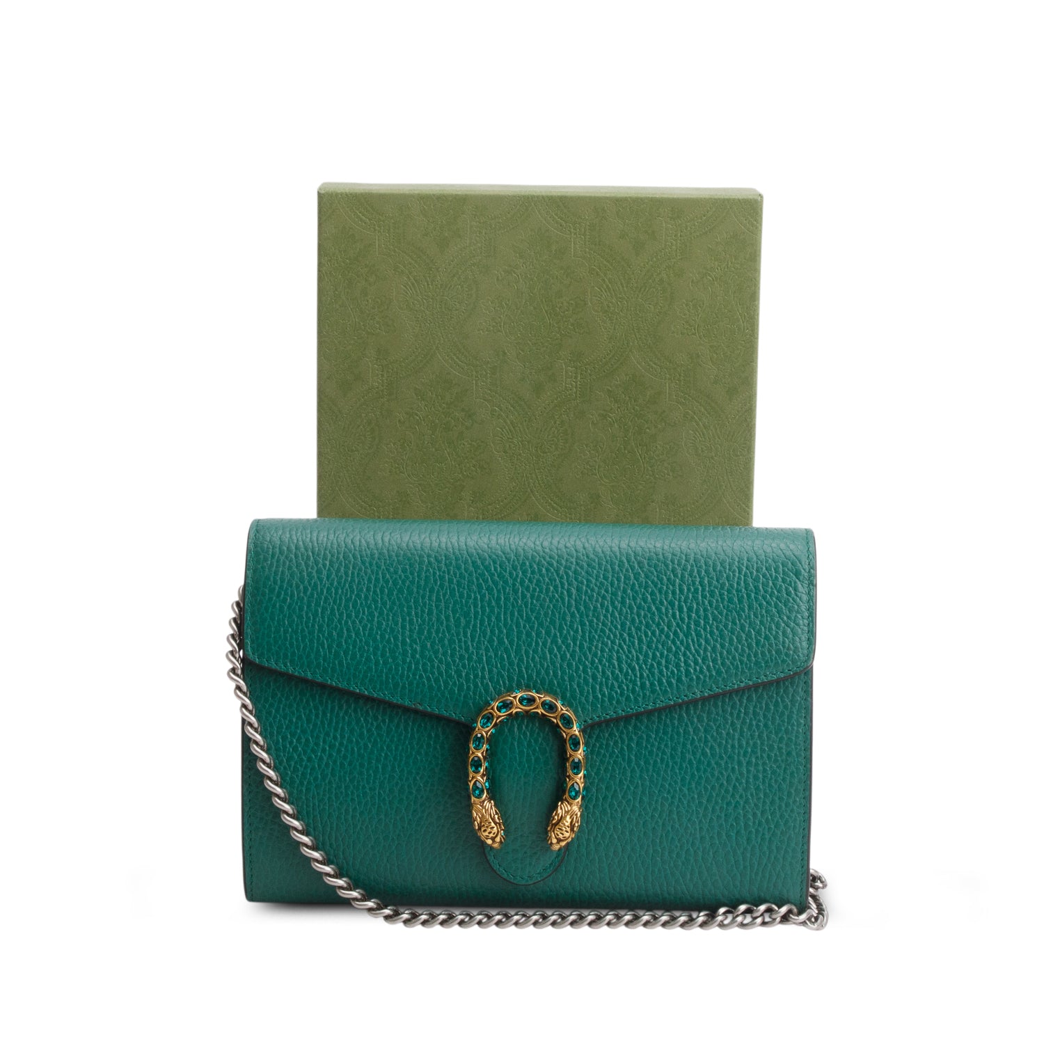 Gucci Green Calfskin Crystals Mini Dionysus Chain Wallet w/ Box