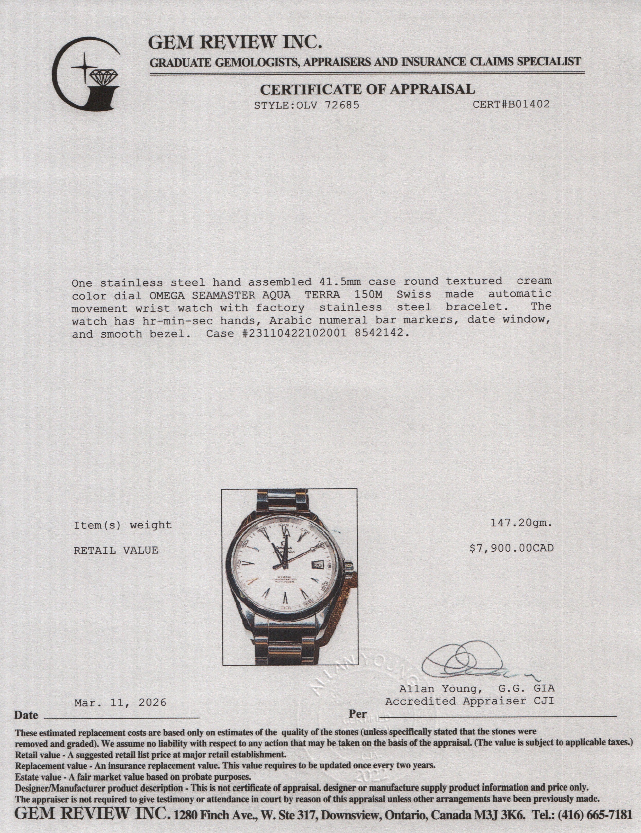 Omega Stainless Steel Seamaster Aqua Terra 150M 41.5 MM Automatic Watch Silver Dial w/ Box & Papers
