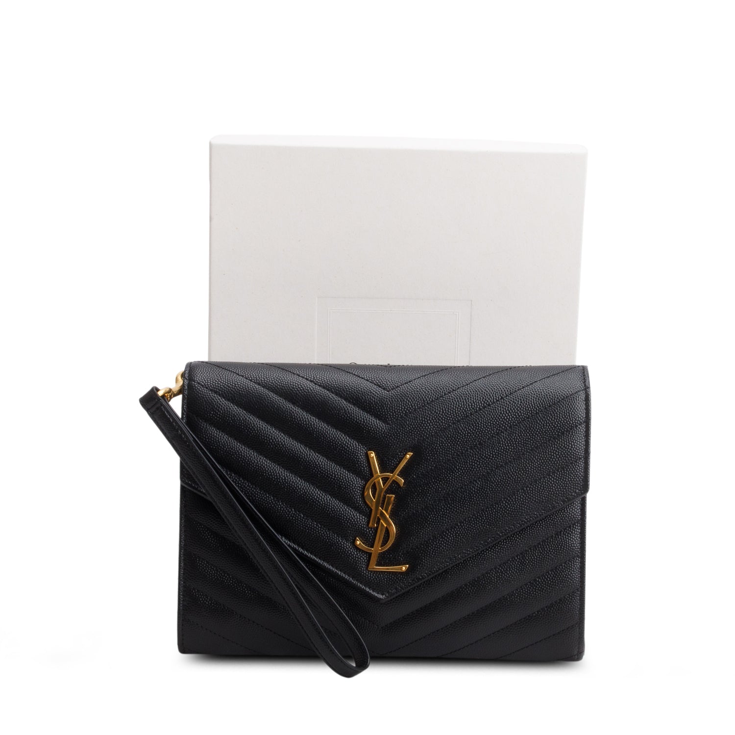 Saint Laurent 2024 Black Grain de Poudre Matelasse Leather Cassandre Flap Wristlet Pouch w/ Box