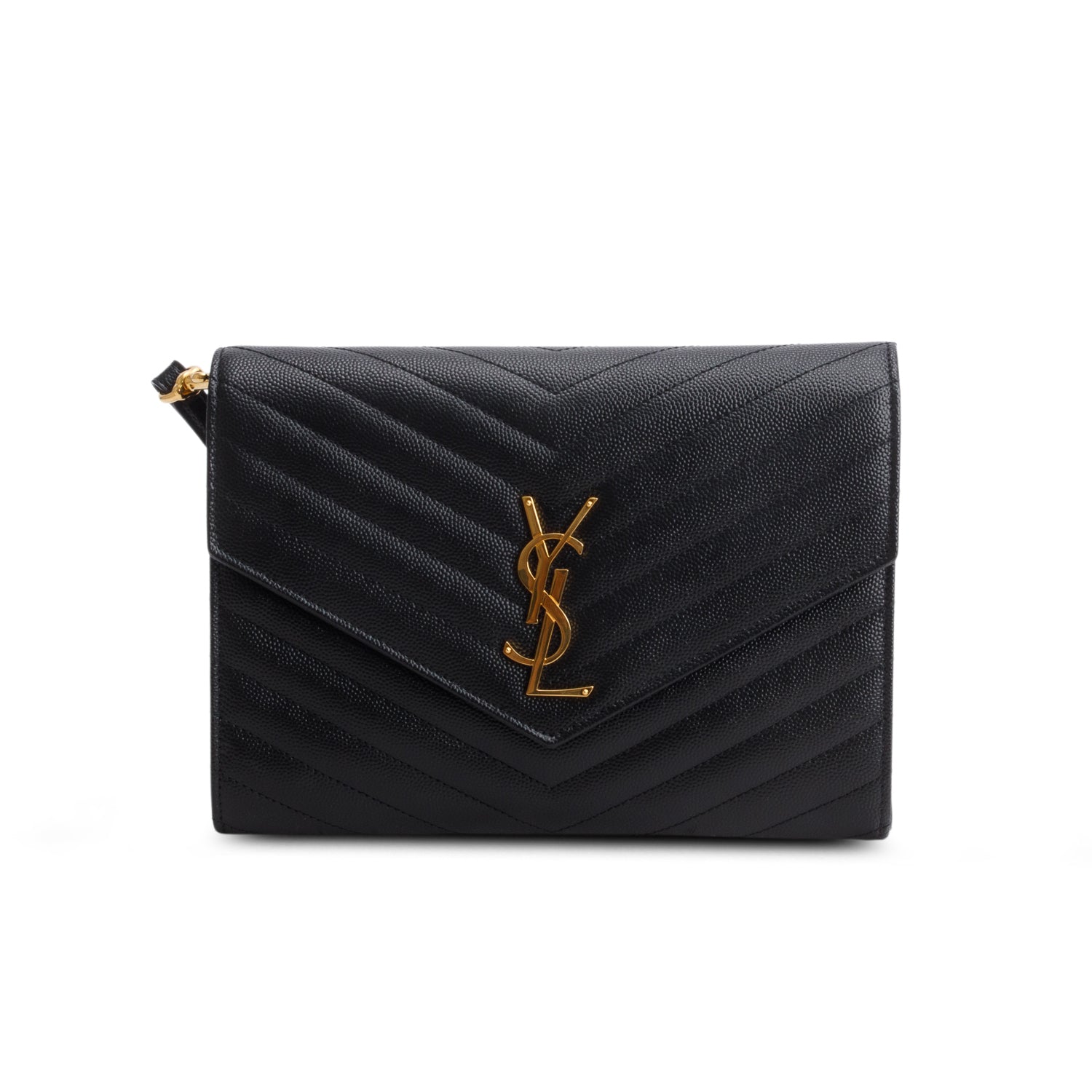 Saint Laurent 2024 Black Grain de Poudre Matelasse Leather Cassandre Flap Wristlet Pouch w/ Box