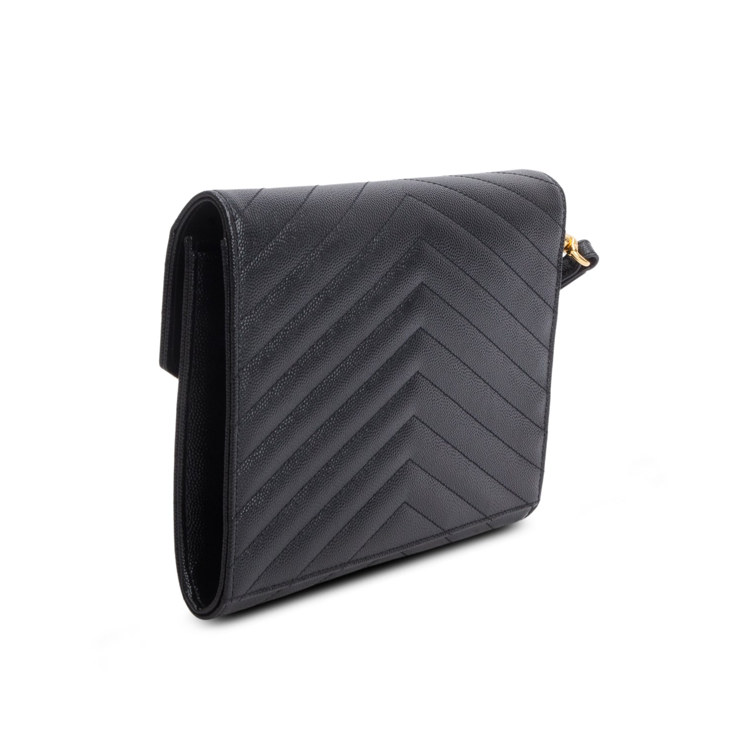Saint Laurent 2024 Black Grain de Poudre Matelasse Leather Cassandre Flap Wristlet Pouch w/ Box