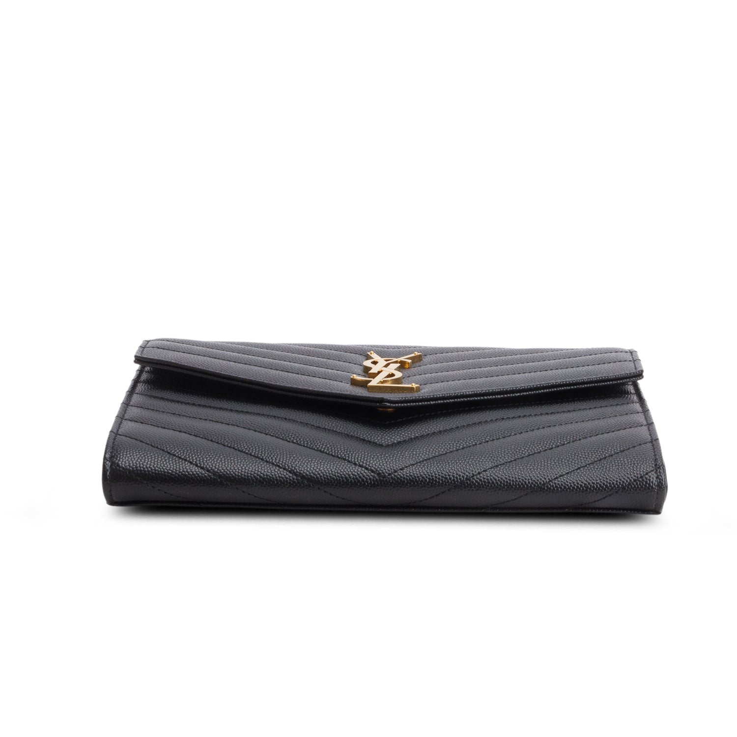 Saint Laurent 2024 Black Grain de Poudre Matelasse Leather Cassandre Flap Wristlet Pouch w/ Box