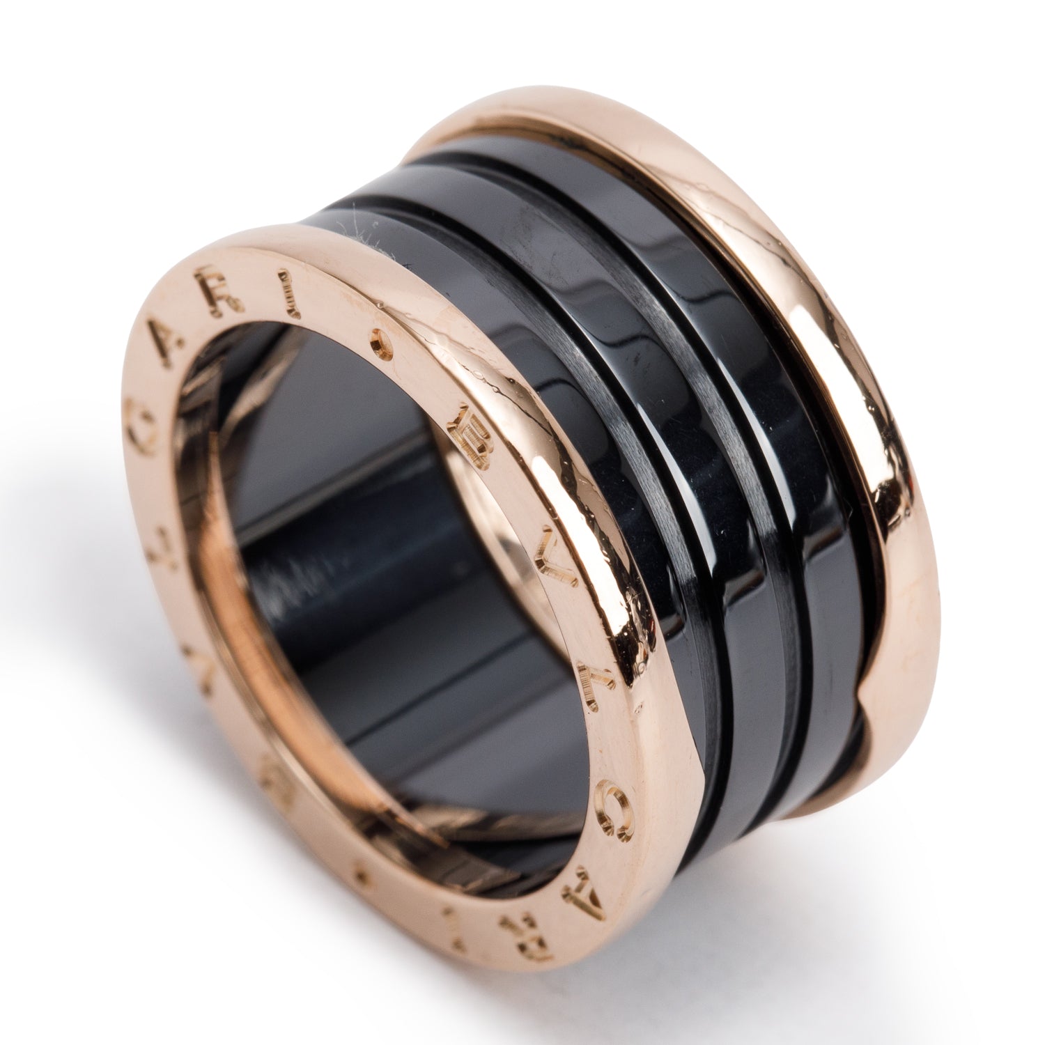 BVLGARI 18k Rose Gold & Black Ceramic B.Zero1 4-Band Ring, Size 58 8