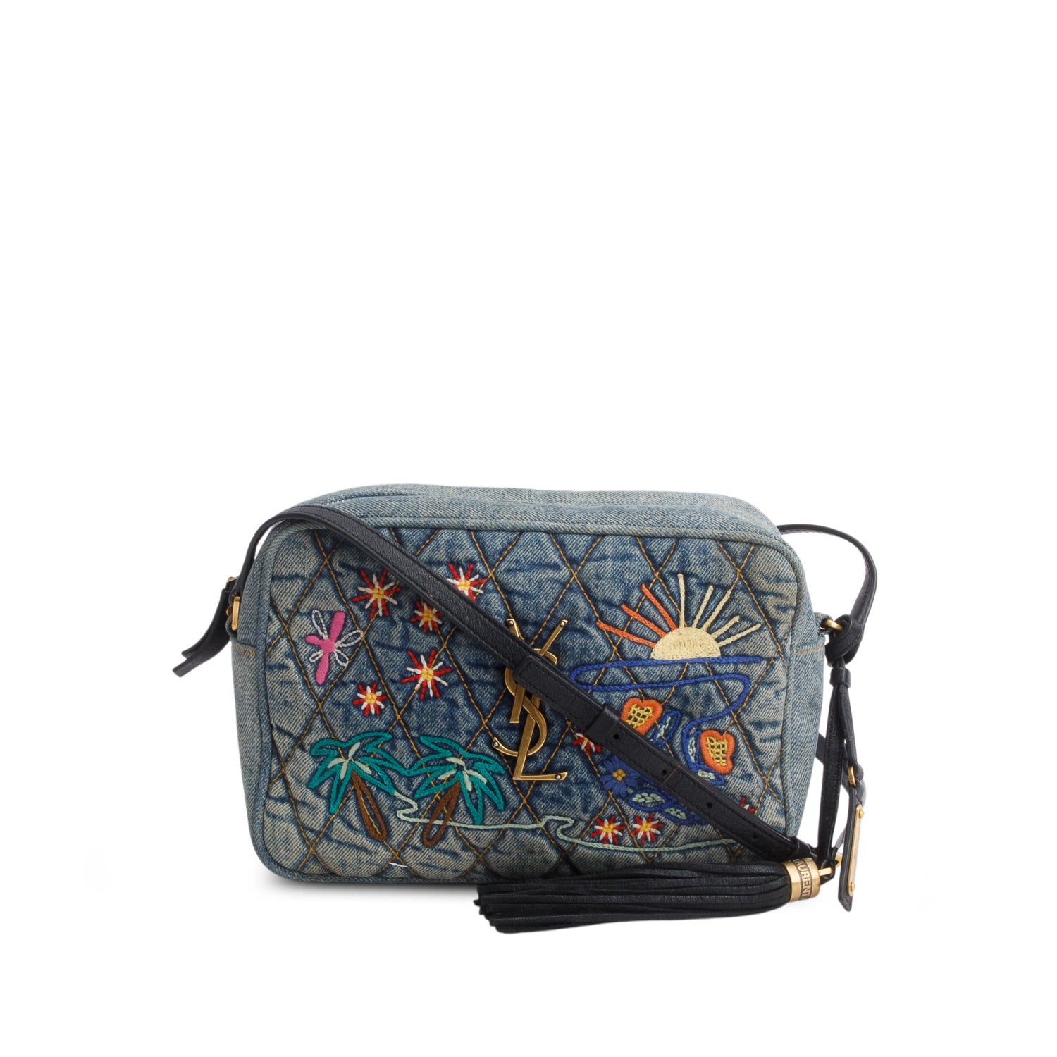 Saint Laurent Blue Denim Matelasse Quilted Summer Embroidered Classic Monogram Camera Bag