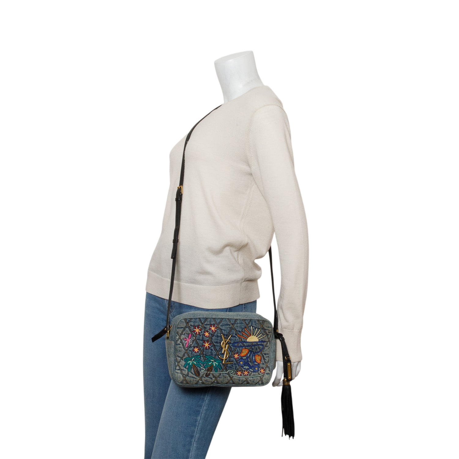 Saint Laurent Blue Denim Matelasse Quilted Summer Embroidered Classic Monogram Camera Bag