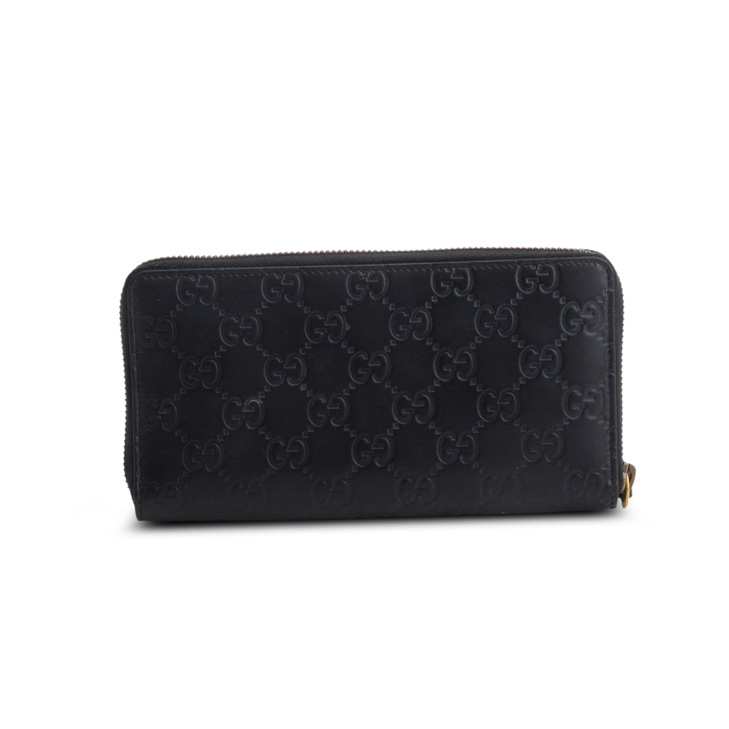Gucci Black Signature Leather Cat Head Continental Zip Wallet