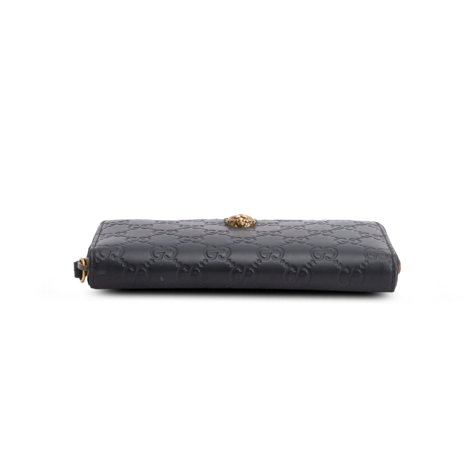 Gucci Black Signature Leather Cat Head Continental Zip Wallet
