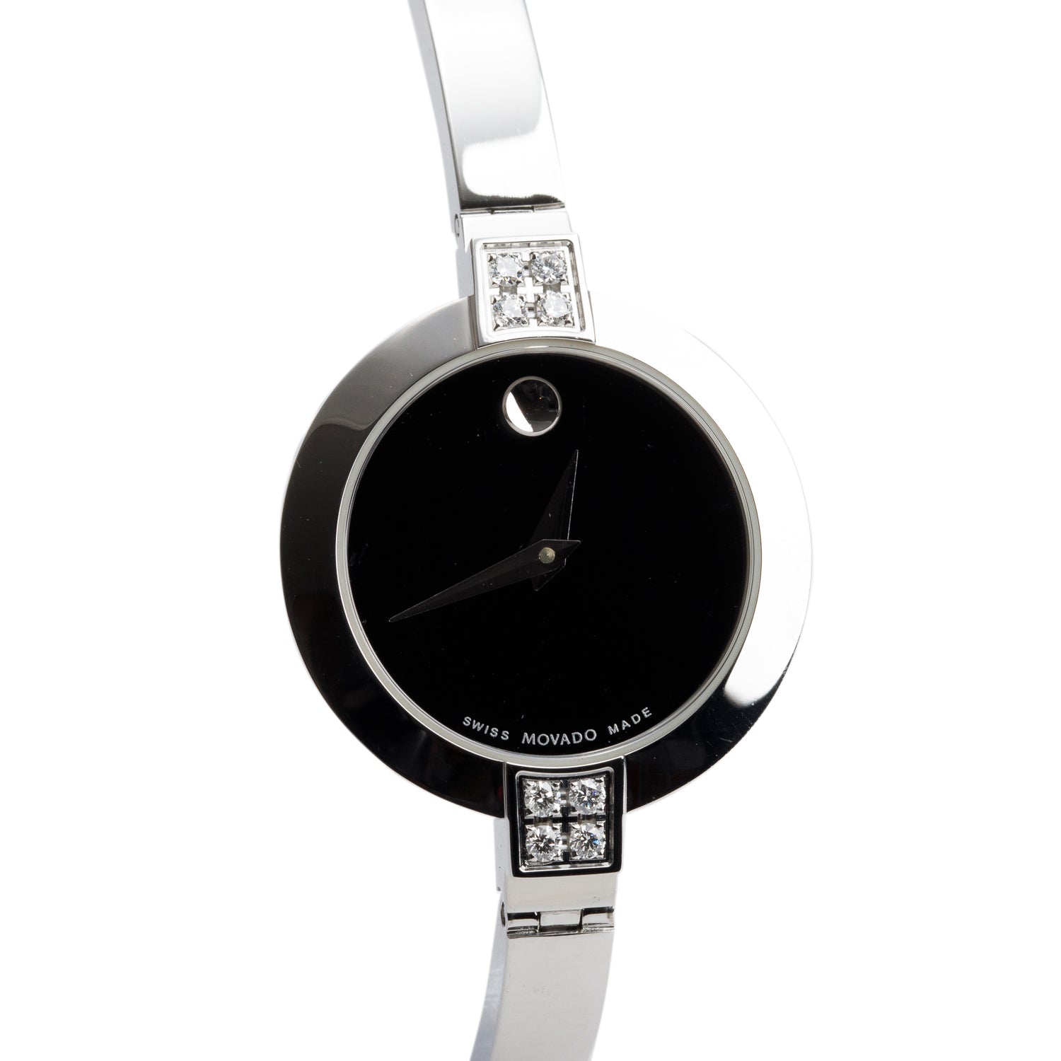 Movado Stainless Steel Diamond Bela 24.5MM Quartz Watch Black Dial w/ Box