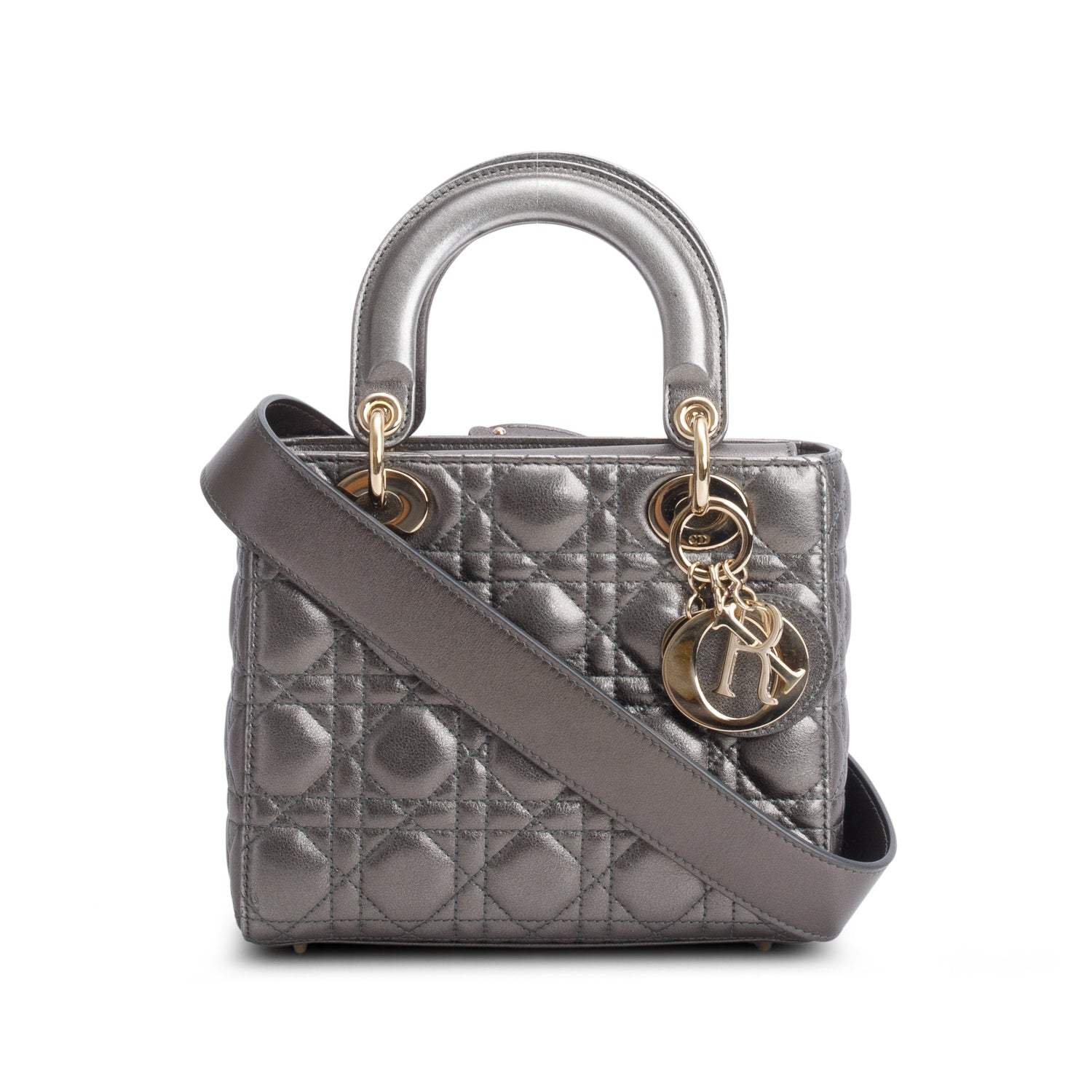 Christian Dior Grey Metallic Calfskin Cannage Small Lady Dior w/ Box, Authenticity Card & Strap