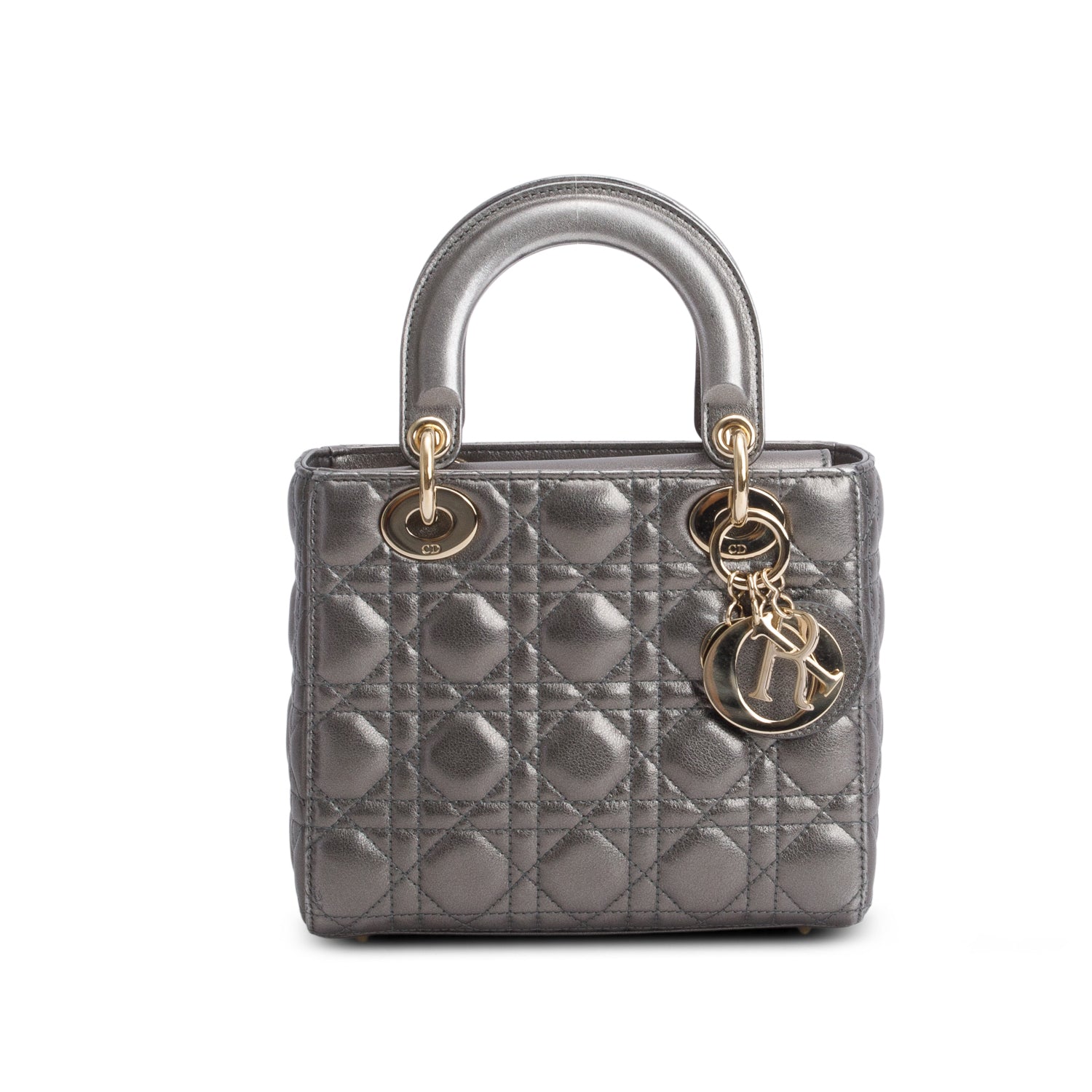 Christian Dior Grey Metallic Calfskin Cannage Small Lady Dior w/ Box, Authenticity Card & Strap