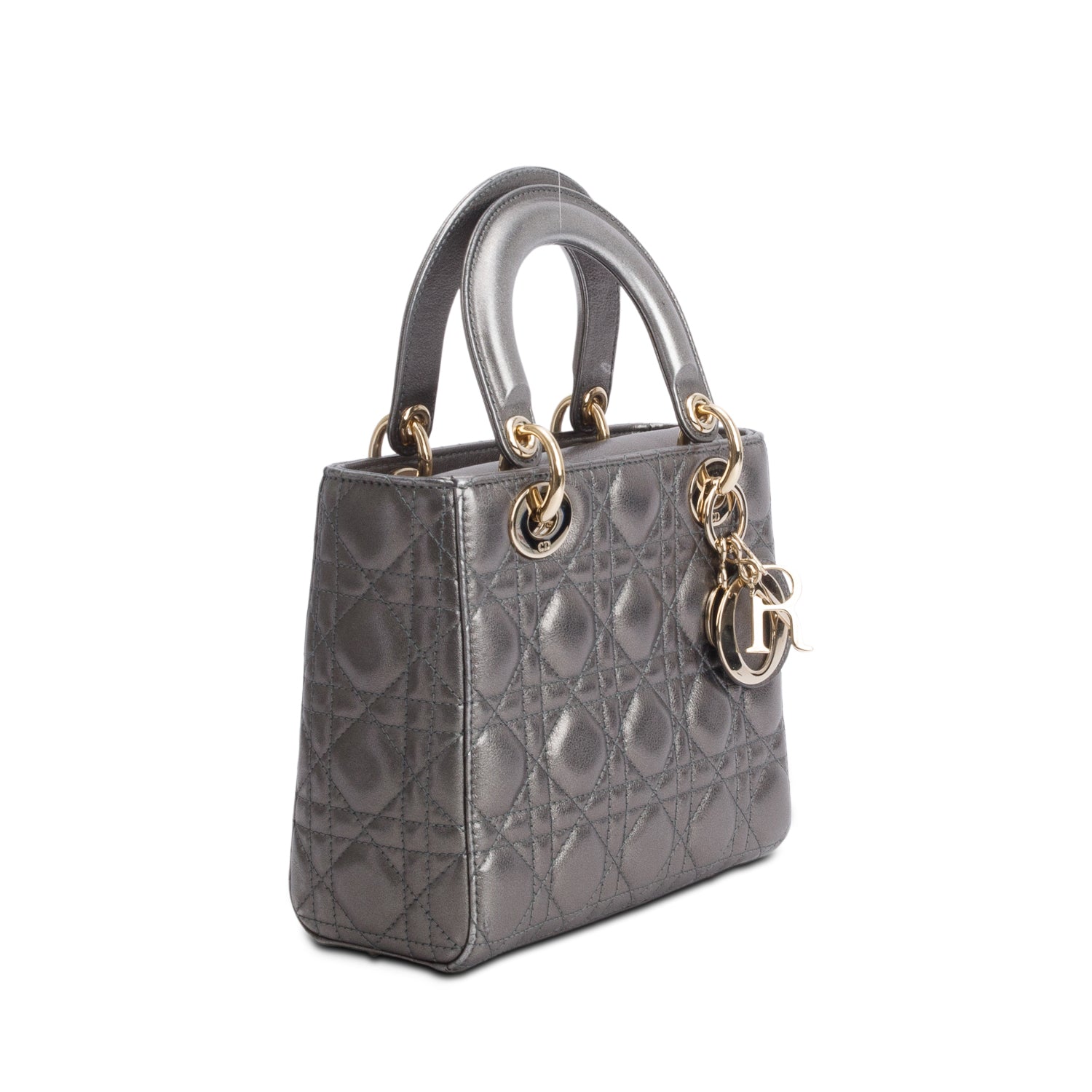 Christian Dior Grey Metallic Calfskin Cannage Small Lady Dior w/ Box, Authenticity Card & Strap