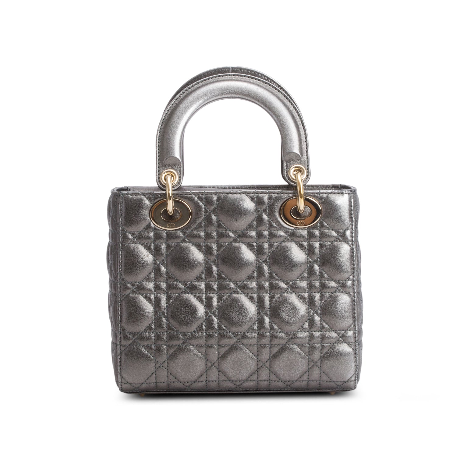 Christian Dior Grey Metallic Calfskin Cannage Small Lady Dior w/ Box, Authenticity Card & Strap