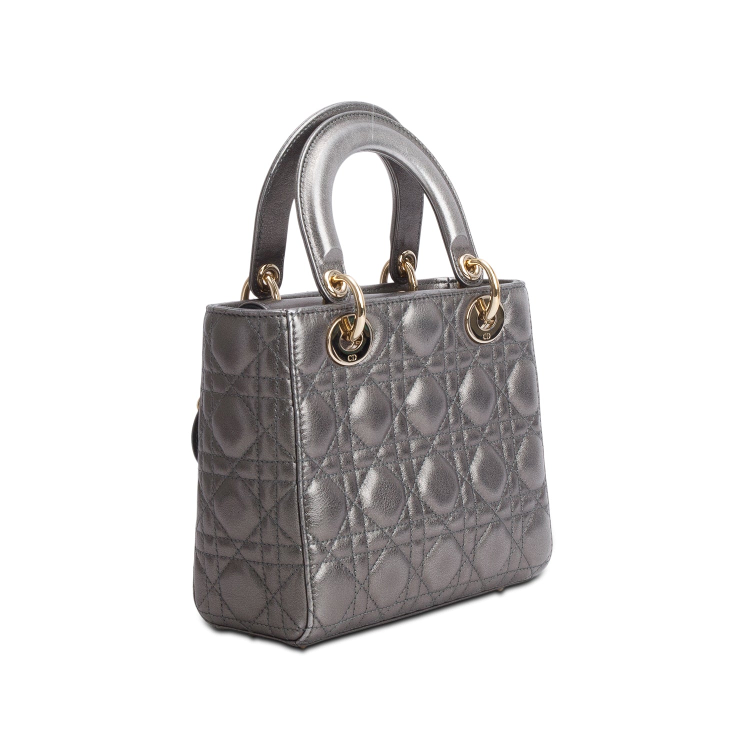 Christian Dior Grey Metallic Calfskin Cannage Small Lady Dior w/ Box, Authenticity Card & Strap