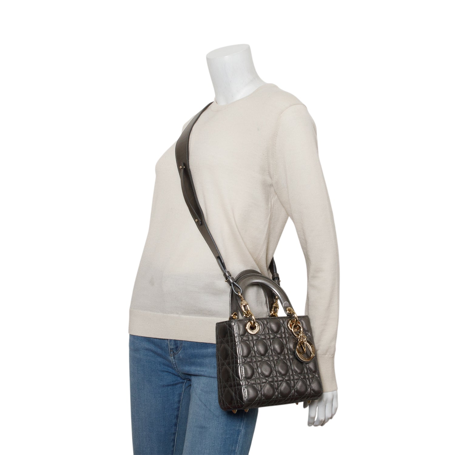 Christian Dior Grey Metallic Calfskin Cannage Small Lady Dior w/ Box, Authenticity Card & Strap