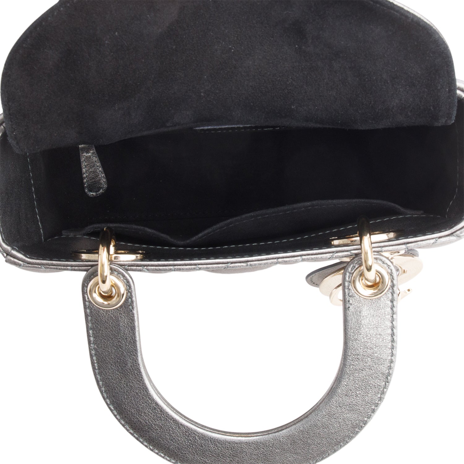 Christian Dior Grey Metallic Calfskin Cannage Small Lady Dior w/ Box, Authenticity Card & Strap