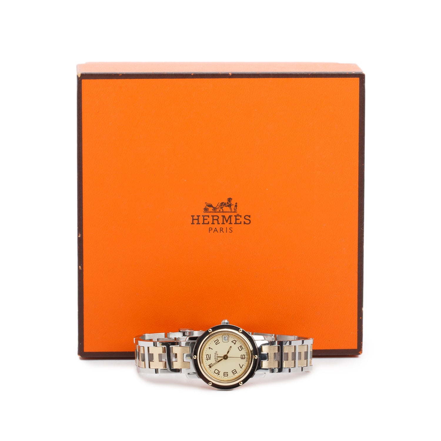 Hermes Gold Plated & Stainless Steel 24 MM Clipper Quartz Watch Creme Dial CL4.220 w/ Box