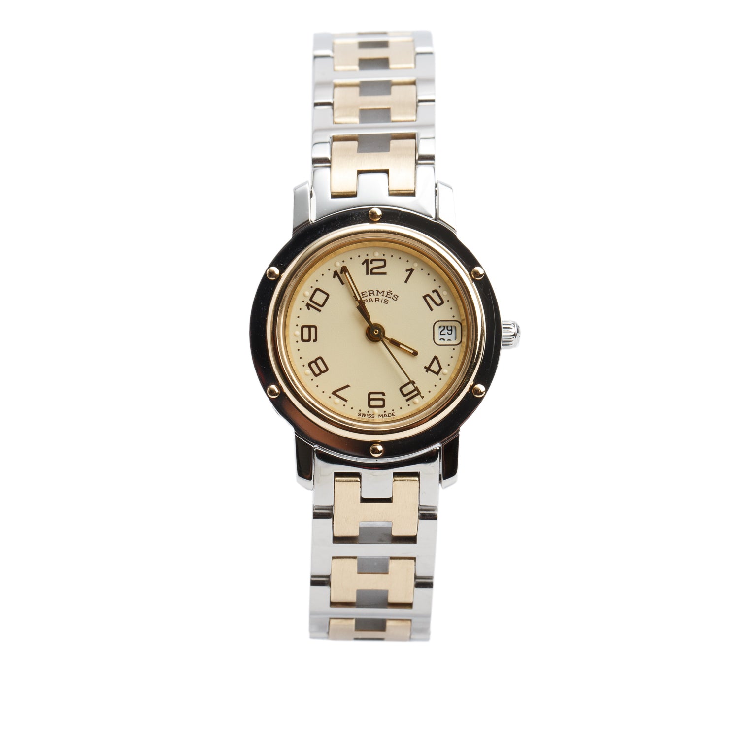 Hermes Gold Plated & Stainless Steel 24 MM Clipper Quartz Watch Creme Dial CL4.220 w/ Box
