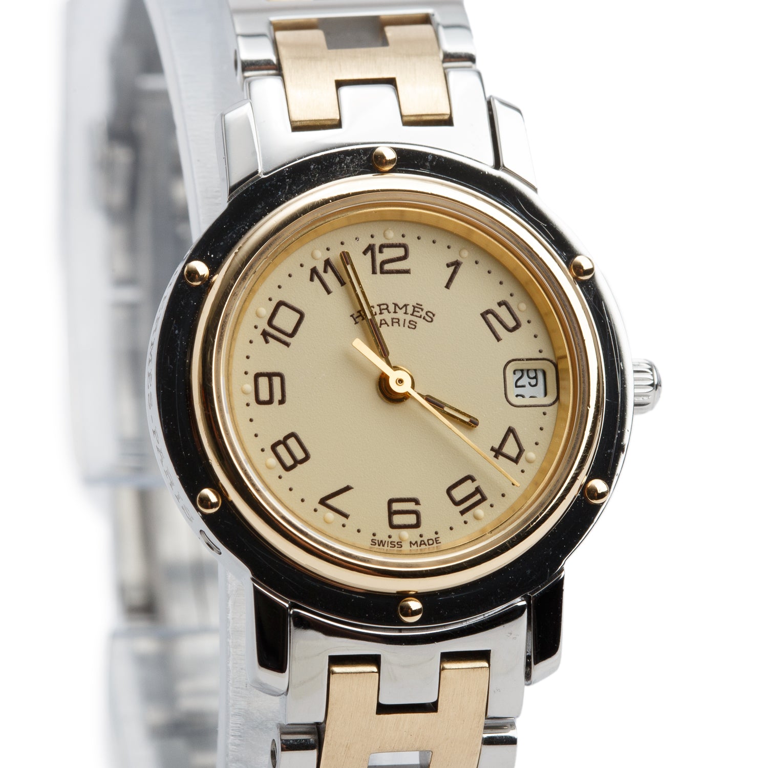 Hermes Gold Plated & Stainless Steel 24 MM Clipper Quartz Watch Creme Dial CL4.220 w/ Box