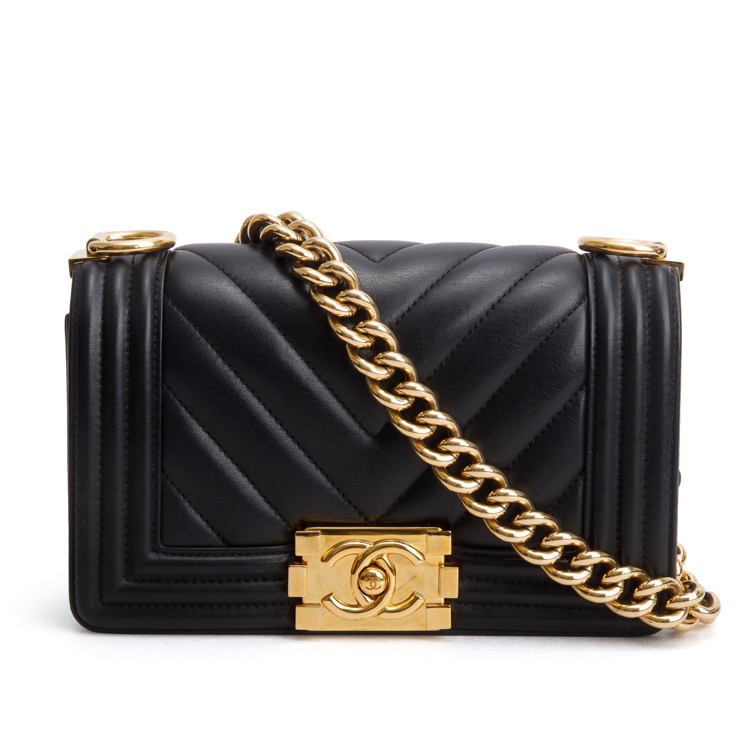 Chanel Black Lambskin Chevron Small Boy Bag w/ Box