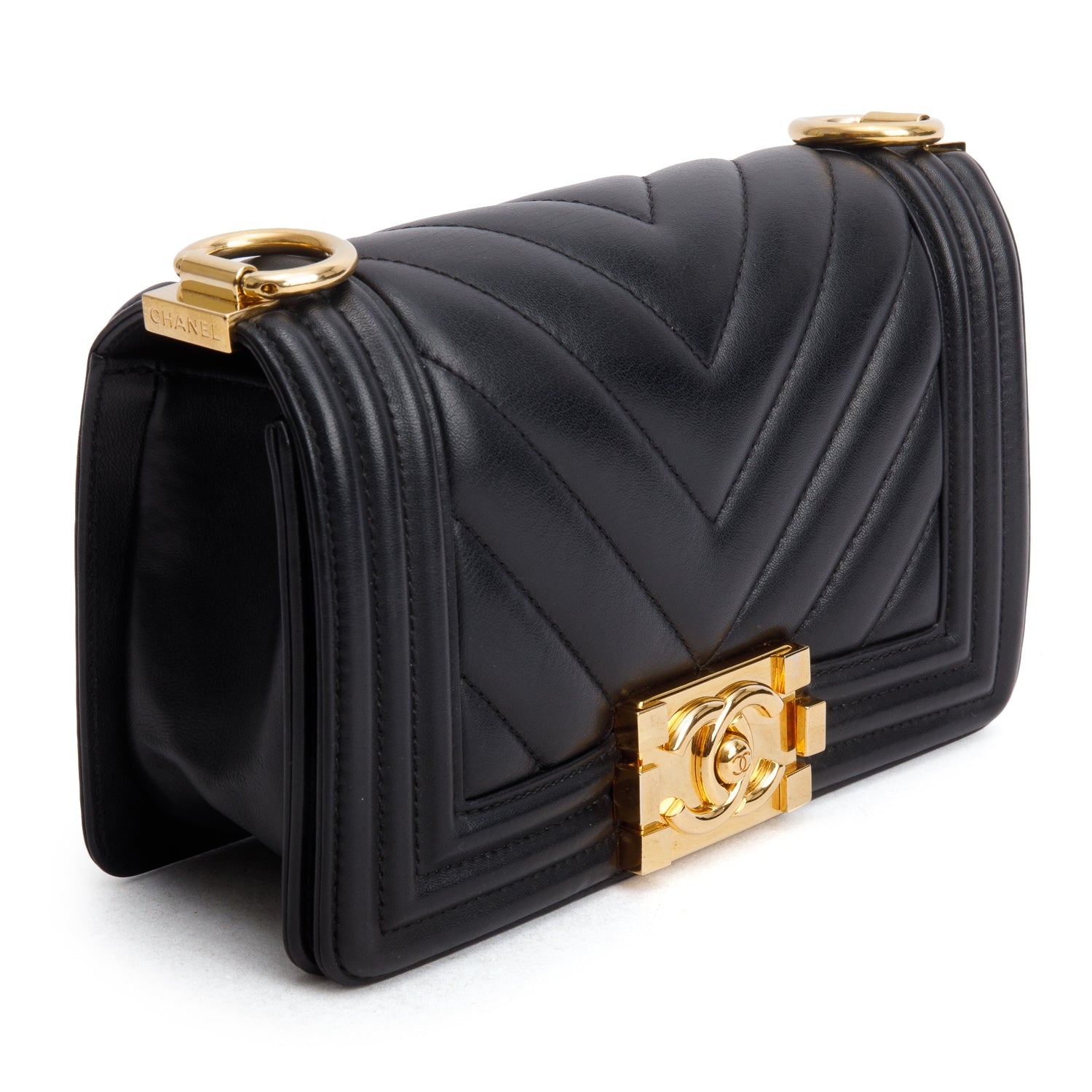 Chanel Black Lambskin Chevron Small Boy Bag w/ Box