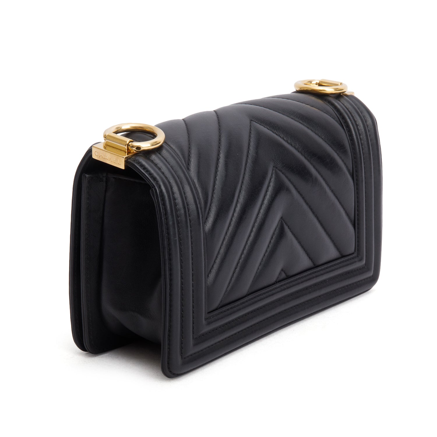 Chanel Black Lambskin Chevron Small Boy Bag w/ Box