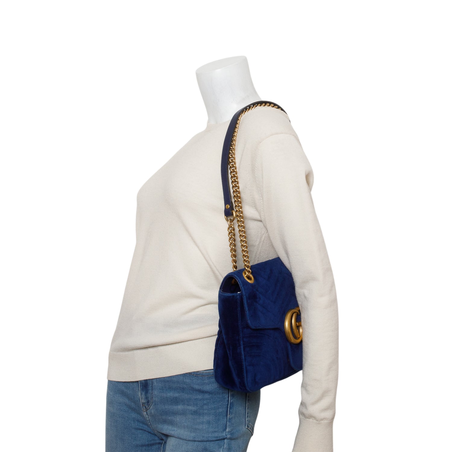 Gucci Blue Velvet Matelasse Medium GG Marmont Shoulder Bag