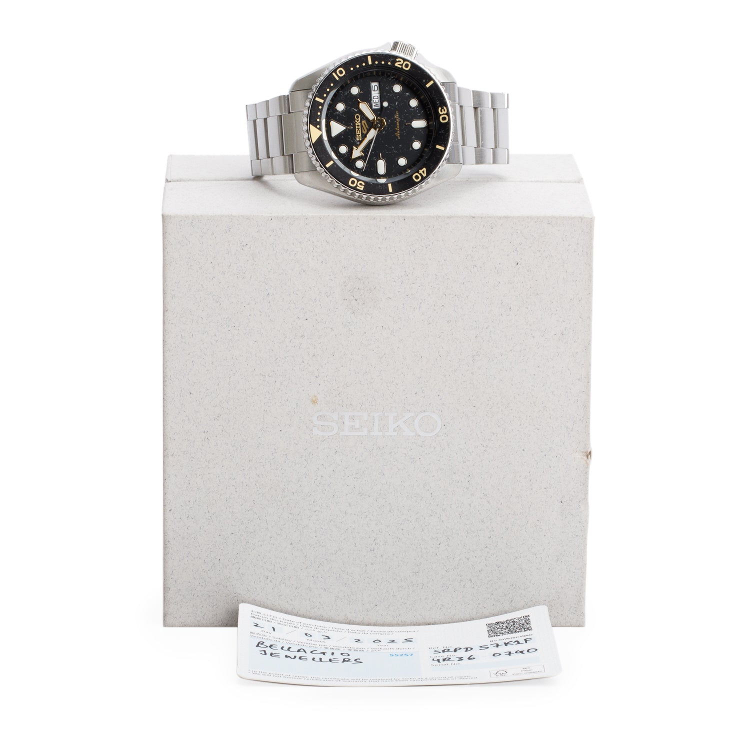 Seiko 2025 Stainless Steel 5 Sports 42.5 MM Automatic Watch Black Dial SRPD57K1F w/ Box & Papers
