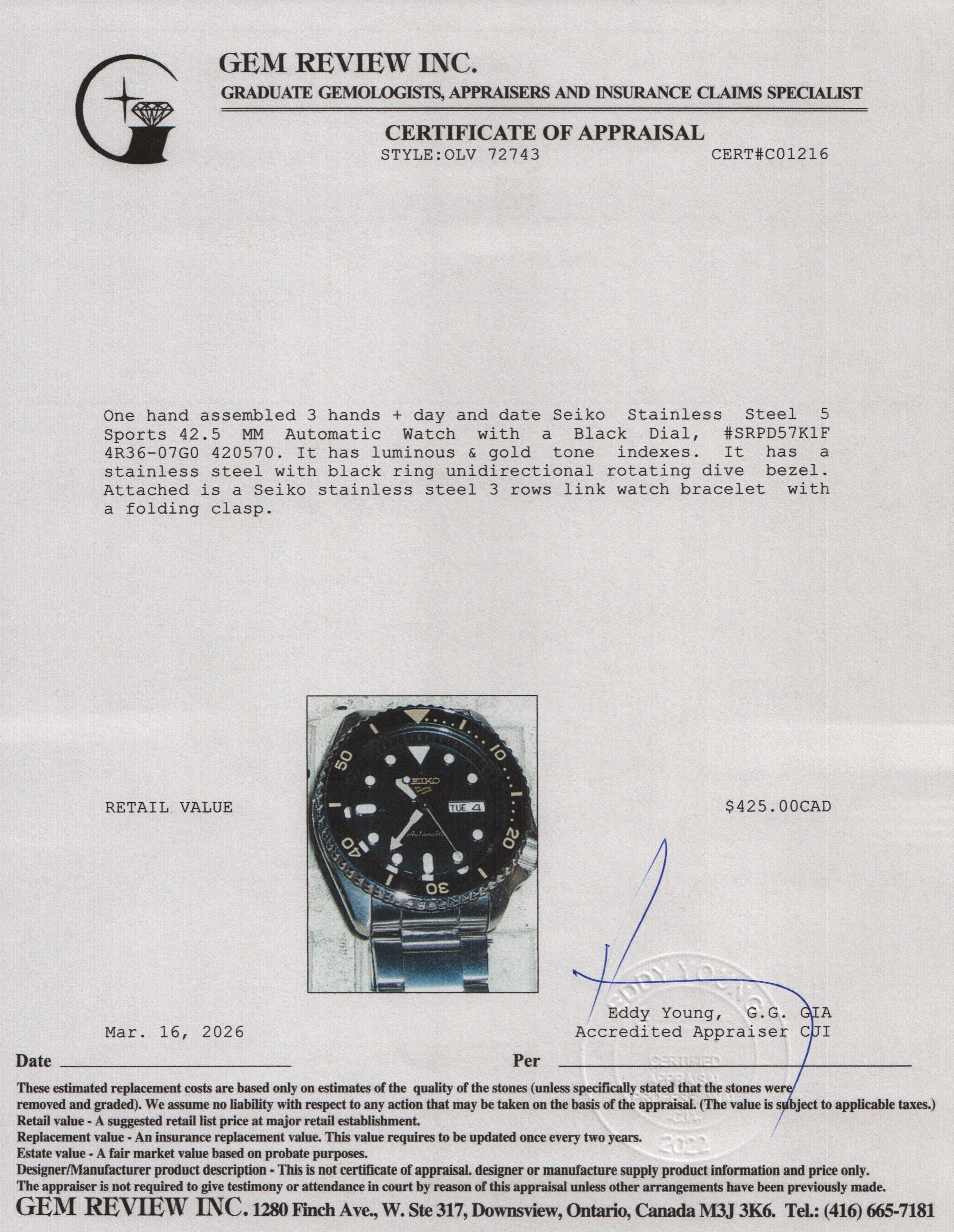 Seiko 2025 Stainless Steel 5 Sports 42.5 MM Automatic Watch Black Dial SRPD57K1F w/ Box & Papers