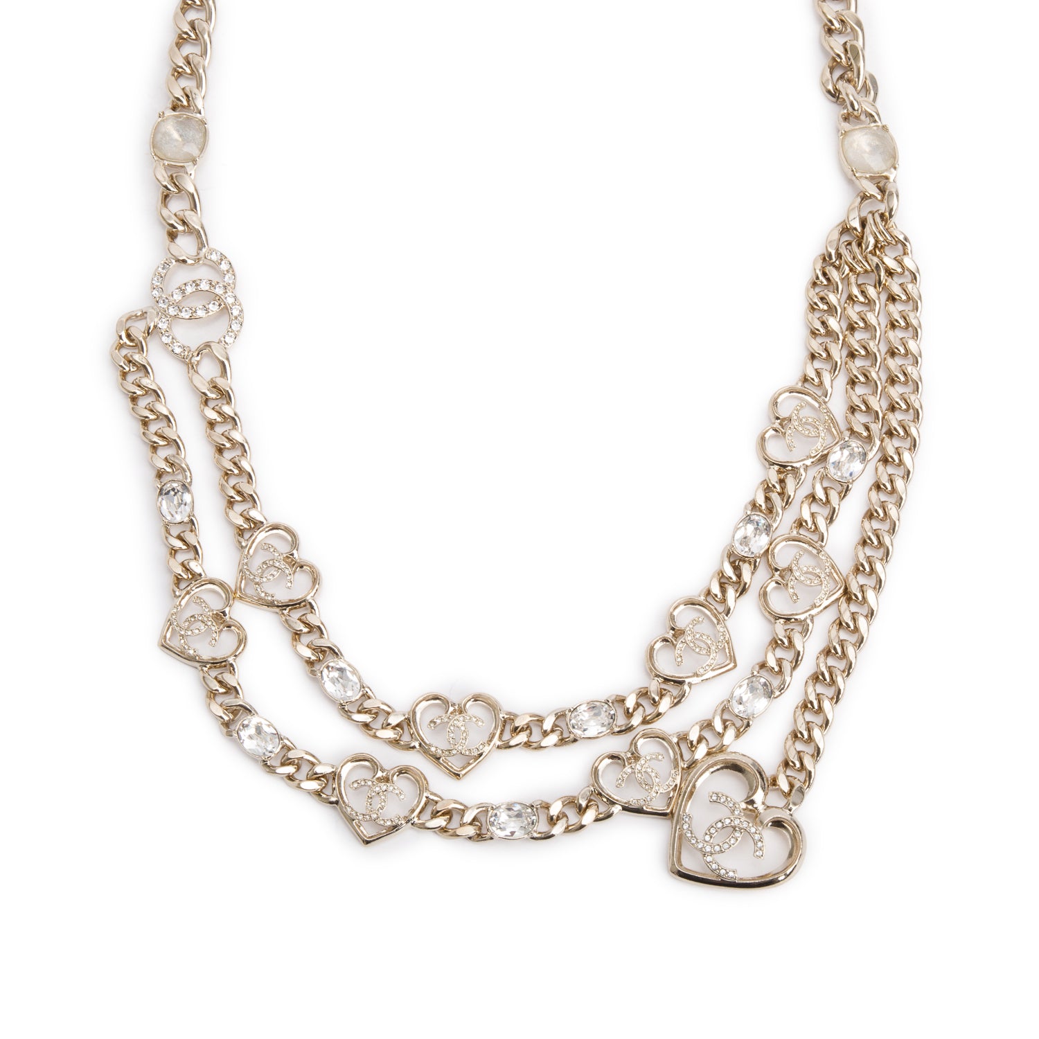 Chanel 2023 Gold-Plated Strass Heart CC Station Chain-Link Belt w/ Box & Receipt