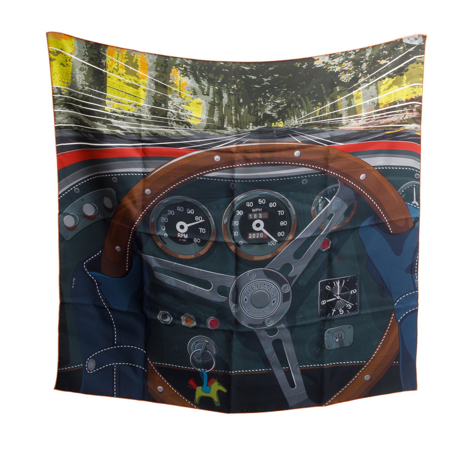Hermes Blue & Multicolor Double Face 'Formula One' Silk Scarf 90 w/ Box