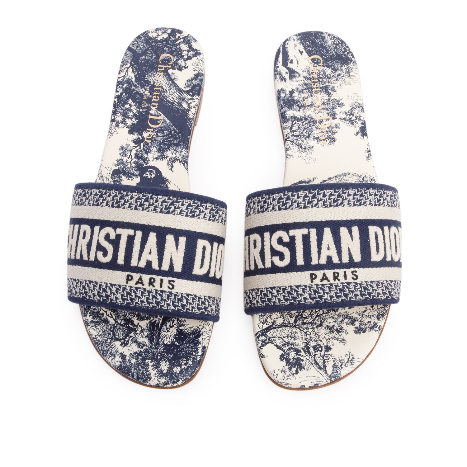 Christian Dior 2023 Blue Canvas Toile de Jouy Motif Embroidered Dway Flat Slide Sandals, Women's Size 35 w/ Box