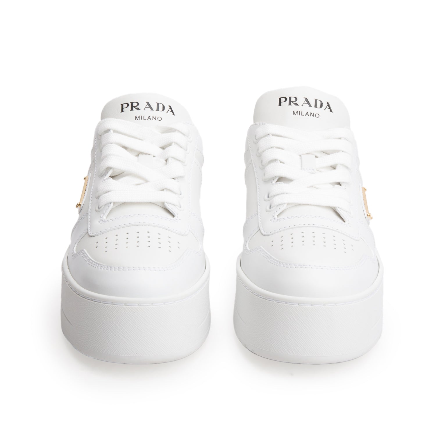 Prada White Vitello Rois Triangle Downtown Platform Low Top Sneakers, Women's Size 37 w/ Box
