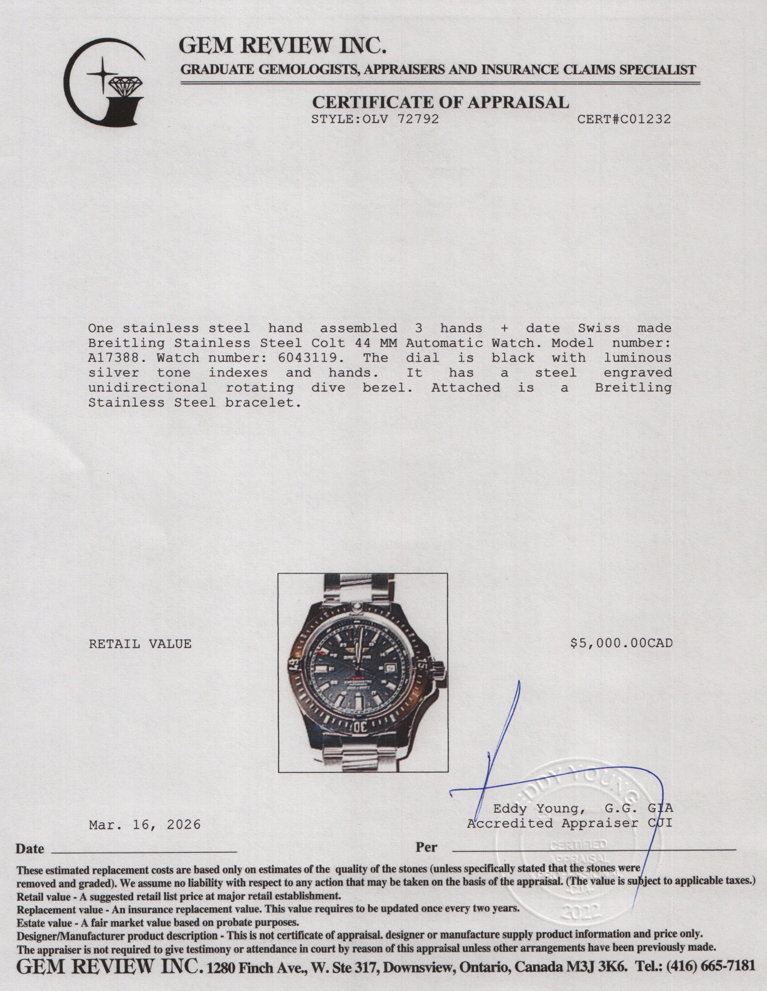 Breitling Stainless Steel Colt 44 MM Automatic Watch Black Dial A17388