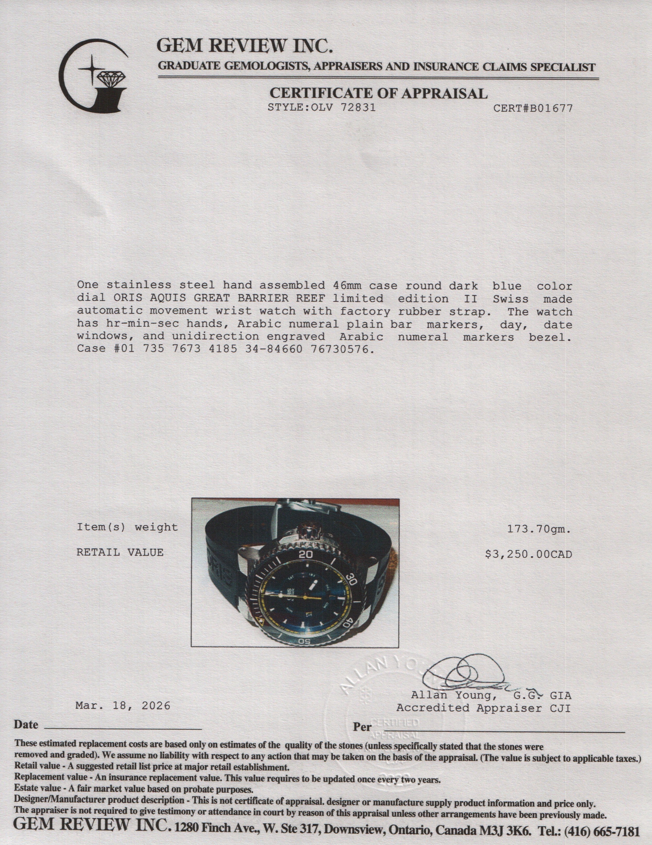 Oris Stainless Steel Aquis Great Barrier Reef Limited Edition II Date 46 MM Automatic Watch w/ Box & Papers