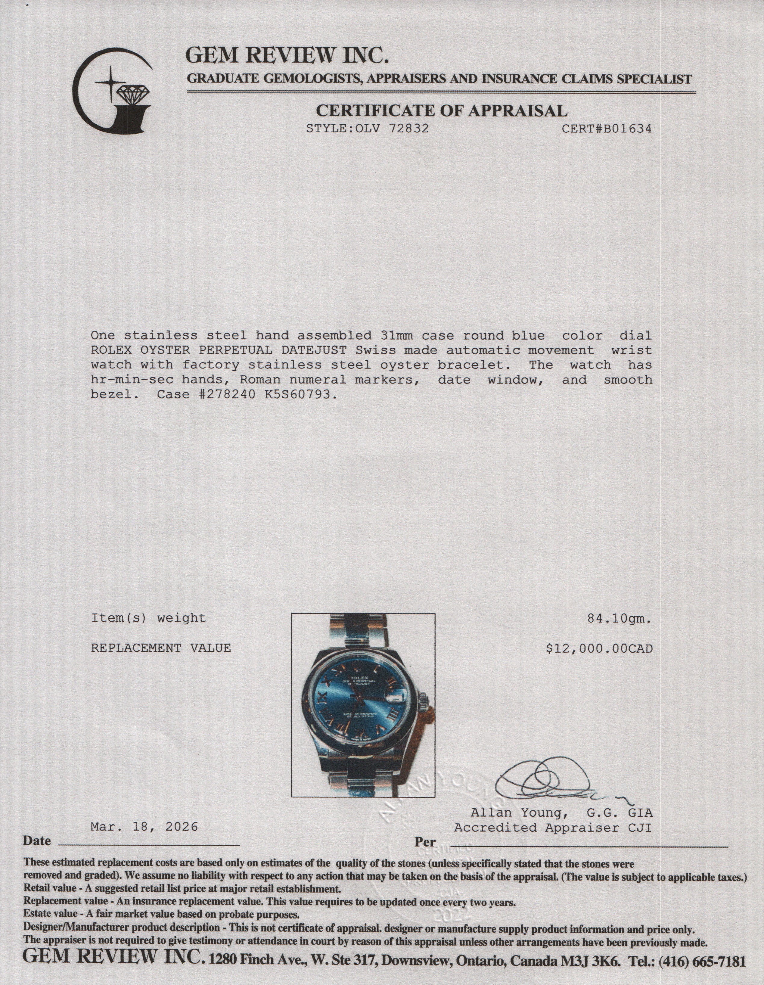 Rolex 2022 Stainless Steel Datejust 31 MM Watch Blue Roman Dial 278240 w/ Box & Papers