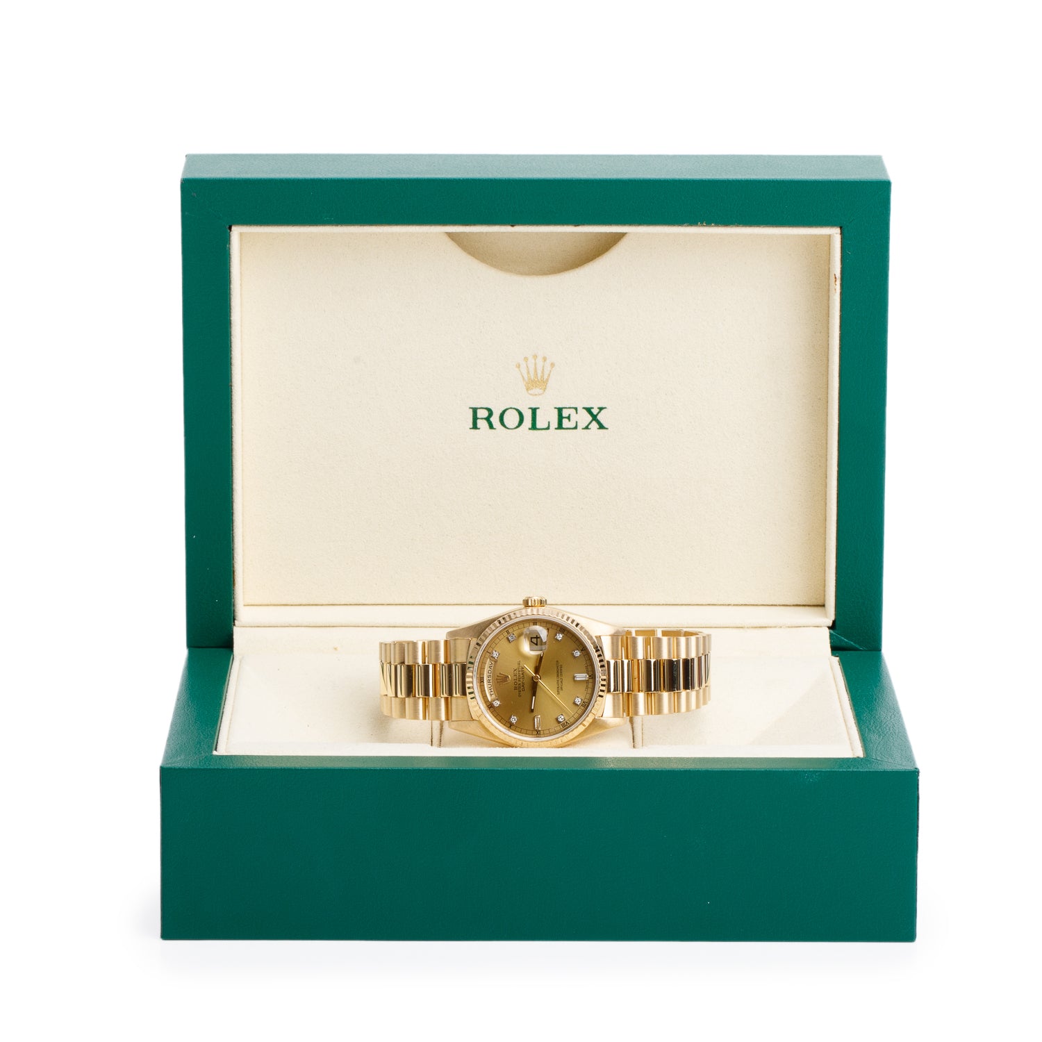 Rolex 18k Yellow Gold Day Date 36 MM President Watch Champagne Diamond Dial 18238 w/ Box