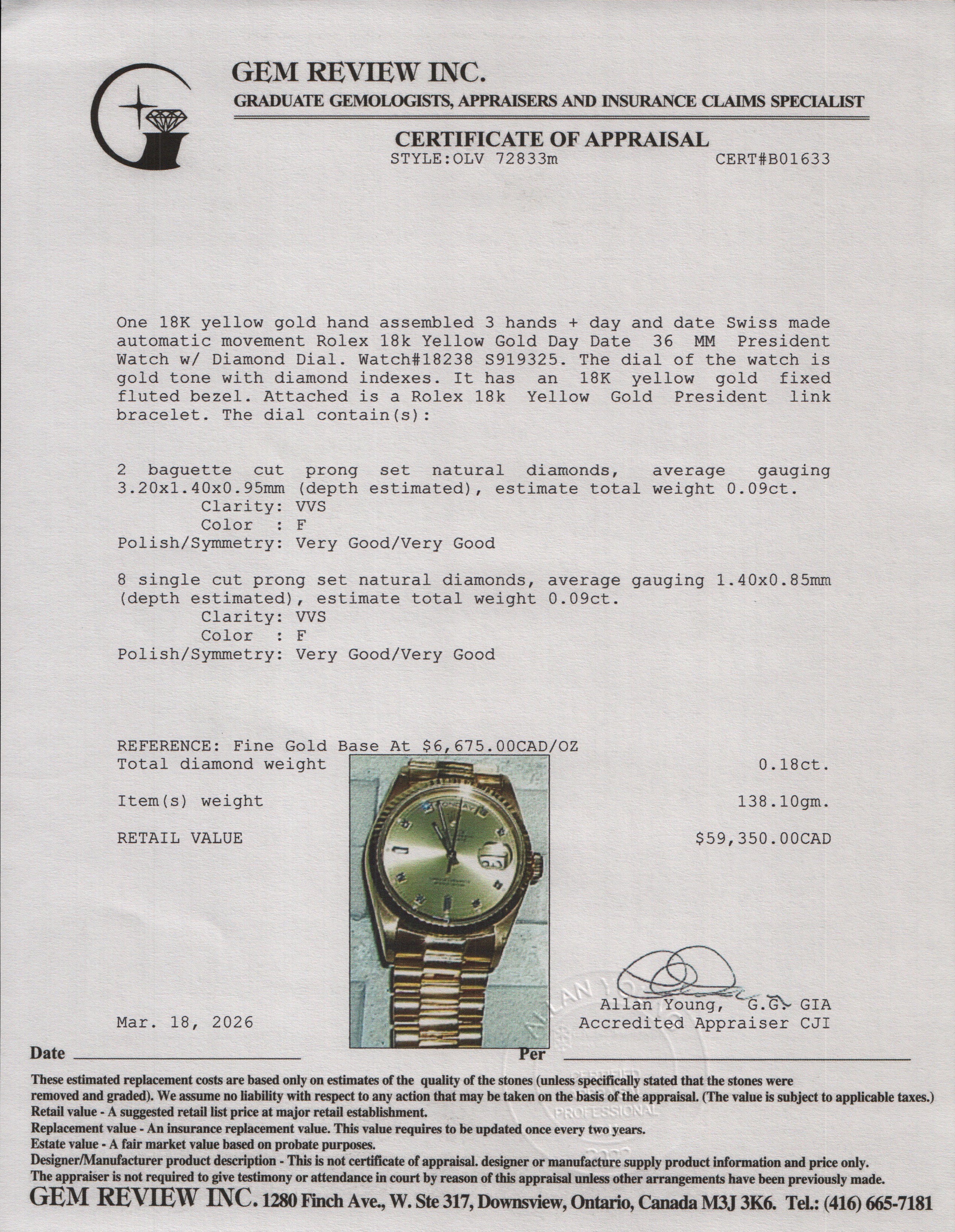 Rolex 18k Yellow Gold Day Date 36 MM President Watch Champagne Diamond Dial 18238 w/ Box