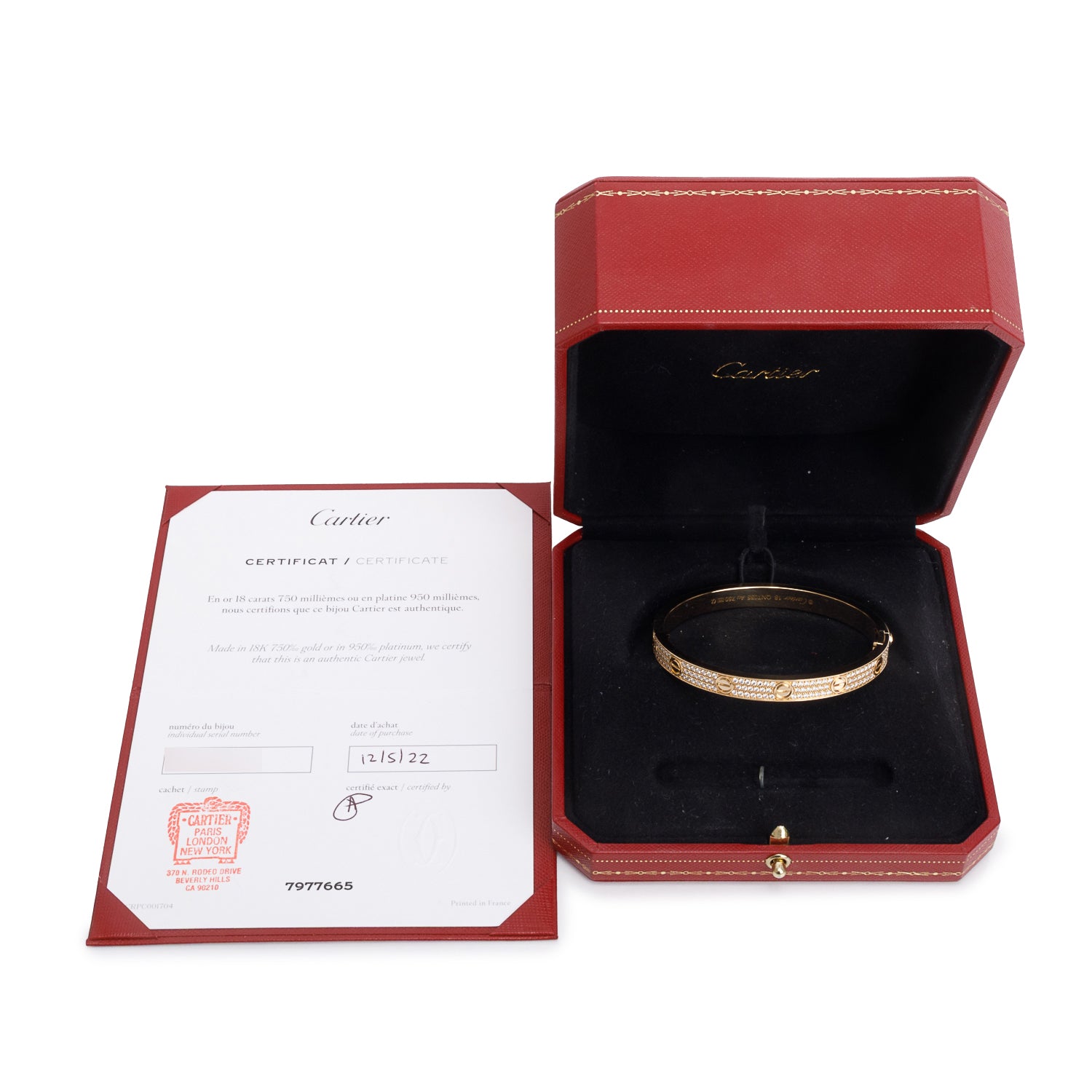 Cartier 2022 18k Yellow Gold Paved Diamond Love Bracelet, Classic Model, Size 18 w/ Box, Receipt & Certificate
