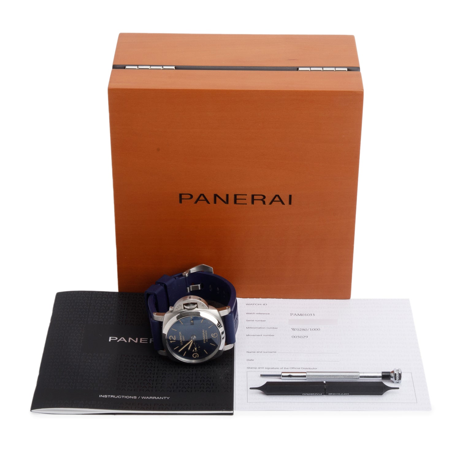 Panerai Stainless Steel Luminor 1950 GMT 44mm Automatic Watch Blue Dial PAM01033 w/ Box, Paper & Extra Strap