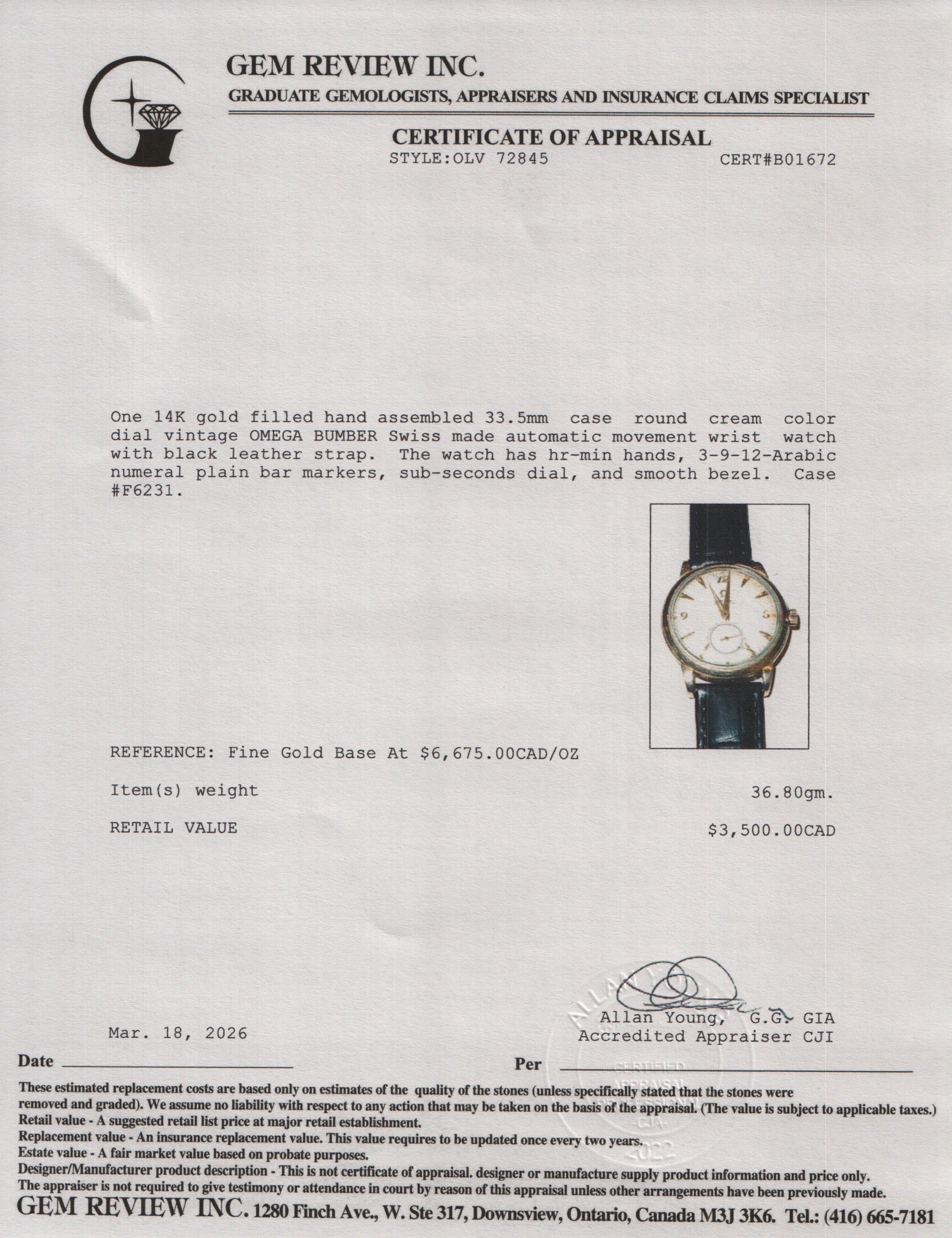 Omega Vintage 14k Gold Filled Bumper 33.5 MM Automatic Watch