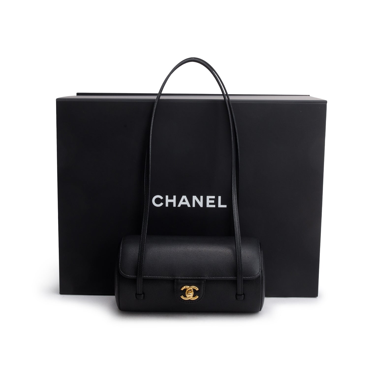 Chanel 2026 Black Shiny Caviar Preppy Coco Small Bowling Bag w/ Box & Receipt